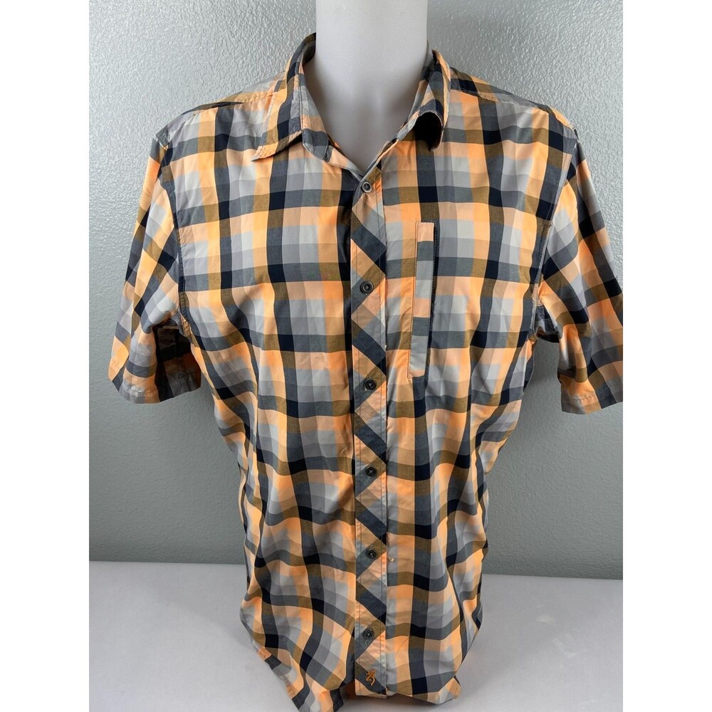 John Browning Men XL Shirt Button Front Orange Brown Plaid Outdoor Casual